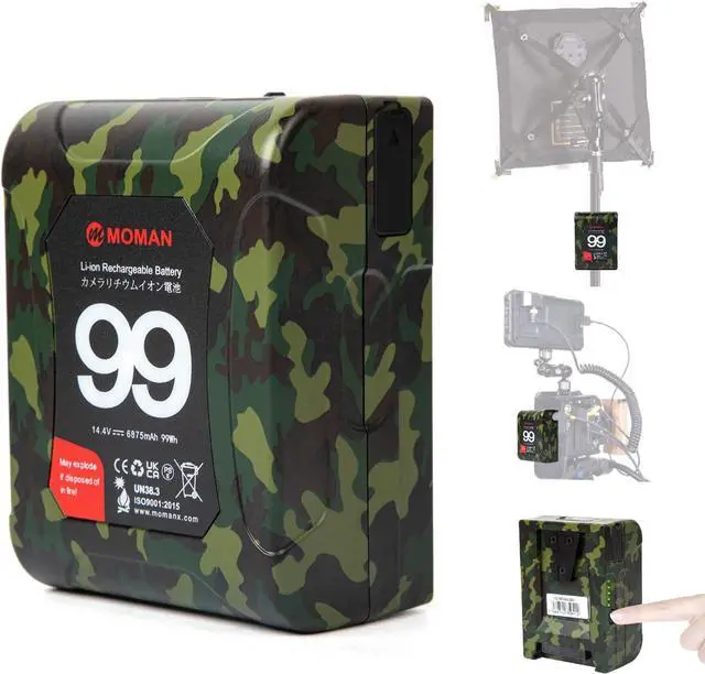 Main image of V Mount Battery, Mini V Mount Power 99Wh 15A Up to 200W with Dual D-Tap & Dual USB Out Ports for Cameras Camcorders BMPPC 4k 6K LED Lights Camouflage, V-Mount-Battery-Mini-Cameras