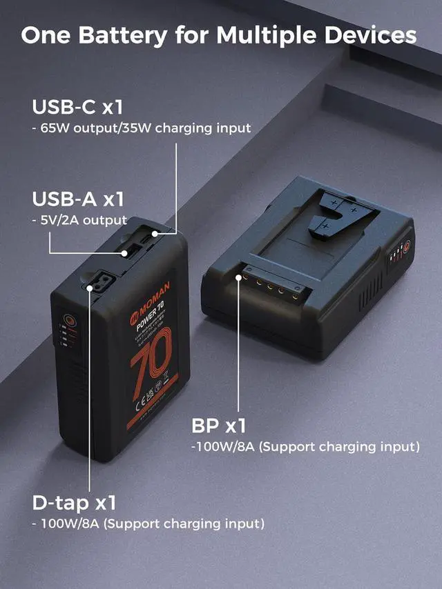 Alt view image 3 of 7 - V Mount Battery, 70wh 4600mAh Power 70 V-Lock Battery 14.4V with D-TAP USB-C Outputs for BMPCC 4k 6k Camcorders Cameras LED Lights, V-Mount-Battery-Dtap-Mini