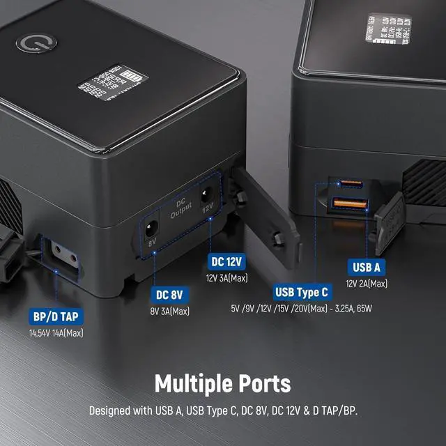 Alt view image 2 of 7 - Mini V Mount Battery 6800mAh 99Wh 14.5V, Mini V Lock Battery with 65W PD Type C/D Tap/BP/USB A/Dual DC Port/OLED Display for Video Camera Camcorder Compatible with SmallRig BMPCC 4k 6k, PS099E