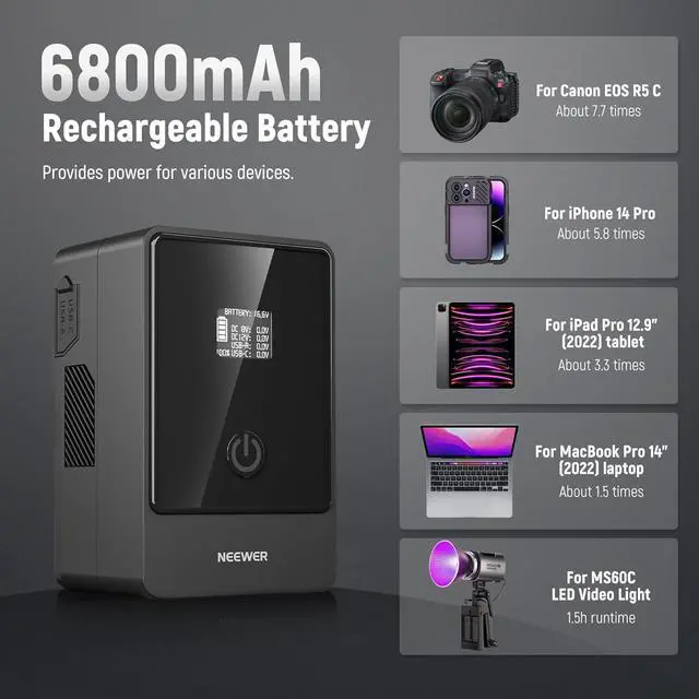 Alt view image 3 of 7 - Mini V Mount Battery PS099E, 6800mAh 99Wh 14.5V V Lock Battery with Type C/DC5521/DC5525 Cable, OLED Display, Fast Charging 65W PD USB C, D Tap/BP/USB A/DC Output for Camera Monitor Camcorder