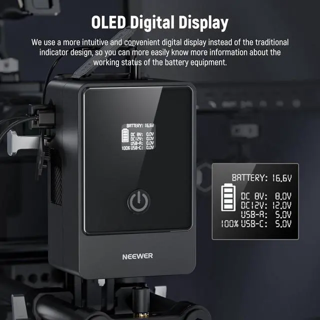 Alt view image 7 of 7 - Mini V Mount Battery PS099E, 6800mAh 99Wh 14.5V V Lock Battery with Type C/DC5521/DC5525 Cable, OLED Display, Fast Charging 65W PD USB C, D Tap/BP/USB A/DC Output for Camera Monitor Camcorder
