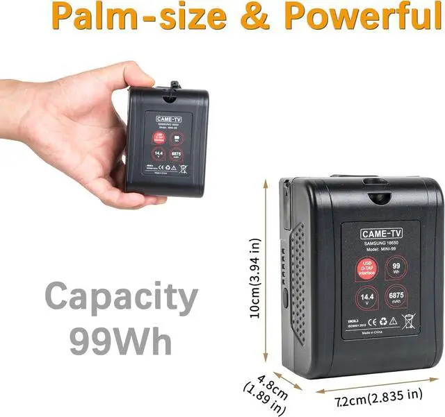 Alt view image 4 of 6 - 6875mAh Mini-99 V-Mount Battery 99Wh D-Tap 14.4V 15A and USB 5V 2.1A Compatible with BMPCC 4K / 6K, FX6, ZCAM-E2, a7s, Komodo Cameras