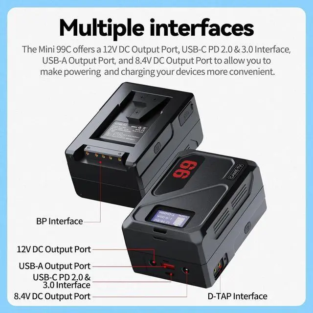 Alt view image 2 of 7 - V Mount Battery, Mini 99C 99Wh V Lock Battery Support 65W PD USB-C Fast Charging 1.5 Hours, with D-Tap 14.4V / USB-A Port/BP/8.4V DC//OLED Display, 6900mAh Mount Battery for Camera,Monitor