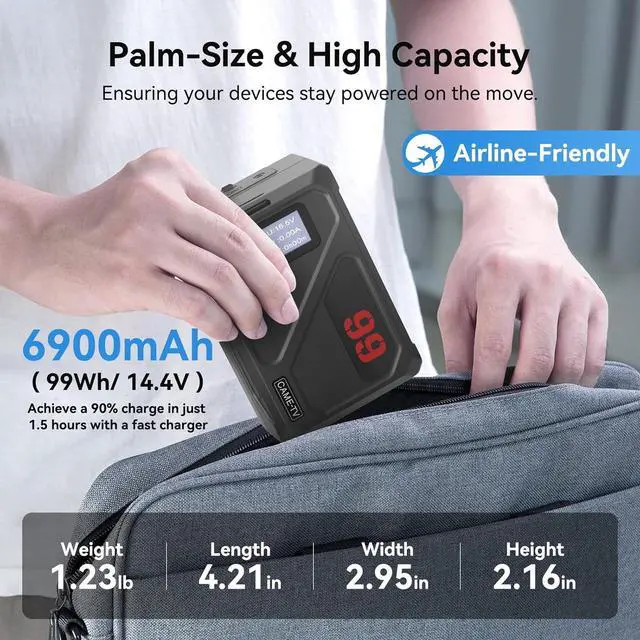 Alt view image 6 of 7 - V Mount Battery, Mini 99C 99Wh V Lock Battery Support 65W PD USB-C Fast Charging 1.5 Hours, with D-Tap 14.4V / USB-A Port/BP/8.4V DC//OLED Display, 6900mAh Mount Battery for Camera,Monitor