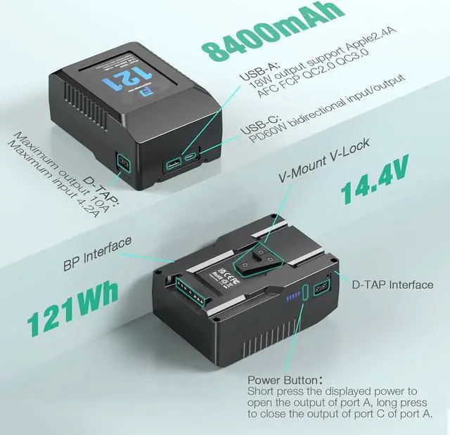 Alt view image 2 of 7 - V Mount/V-Lock Battery, 121Wh(8400mAh, 14.4V) V-Mount Battery Support PD 60W USB-C Fast Charger, with D-TAP, USB-A, USB-C Port, for Video Broadcast Camera Camcorder Monitor LED Light