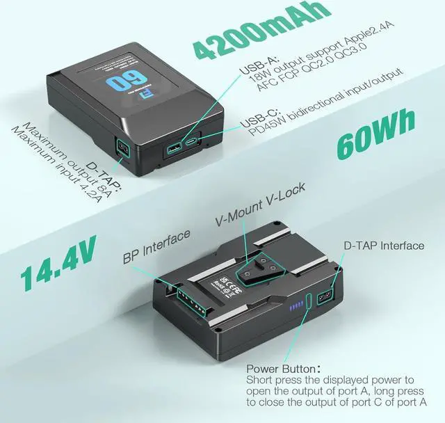Alt view image 2 of 7 - V Mount/V-Lock Battery, 60Wh(4200mAh, 14.4V) V-Mount Battery Support PD 45W USB-C Fast Charger, with D-TAP, USB-A, USB-C Port, for Video Broadcast Camera Camcorder Monitor LED Light