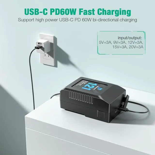 Alt view image 3 of 7 - V Mount/V-Lock Battery, 121Wh(8400mAh, 14.4V) V-Mount Battery Support PD 60W USB-C Fast Charger, with D-TAP, USB-A, USB-C Port, for Video Broadcast Camera Camcorder Monitor LED Light