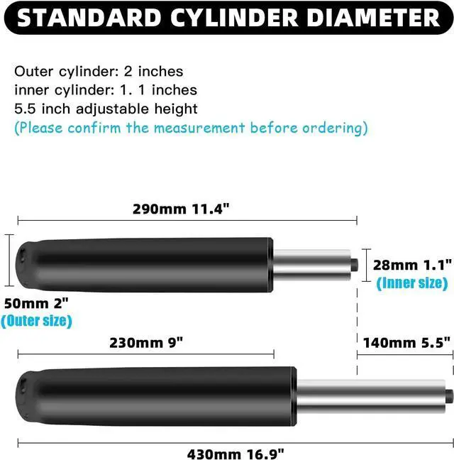 Alt view image 3 of 6 - Adjustable Gas Lift Cylinder for Office Chairs, Black, 1000LBS Capacity