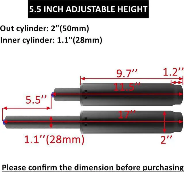 Alt view image 2 of 7 - 5.5" Office Chair Gas Lift Cylinder Replacement Parts, Heavy Duty 450lbs Long Stroke Hydraulic Pneumatic Shock Piston Universal Size Fits Most Executive Chairs, Gaming Chair, Class 4