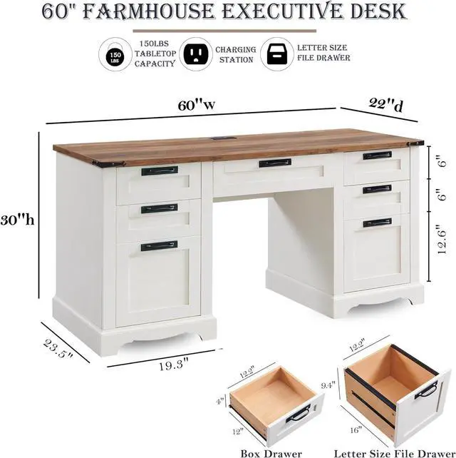 Alt view image 2 of 6 - 60" Farmhouse Executive Desk with Drawers, Wood Home Office Desk w/Charging Station, Keyboard Tray, File Drawer, Storage Cabinet, Rustic Computer Writing Desk (Antique White)