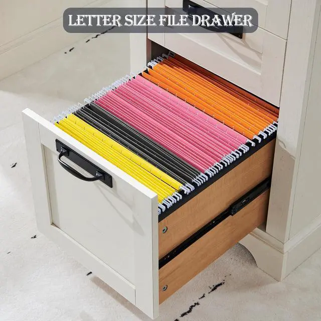 Alt view image 4 of 6 - 60" Farmhouse Executive Desk with Drawers, Wood Home Office Desk w/Charging Station, Keyboard Tray, File Drawer, Storage Cabinet, Rustic Computer Writing Desk (Antique White)