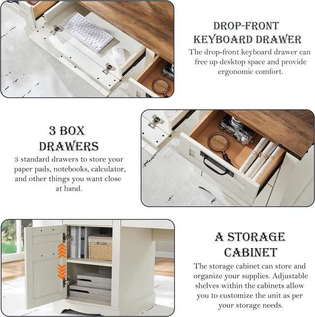 Alt view image 5 of 6 - 60" Farmhouse Executive Desk with Drawers, Wood Home Office Desk w/Charging Station, Keyboard Tray, File Drawer, Storage Cabinet, Rustic Computer Writing Desk (Antique White)