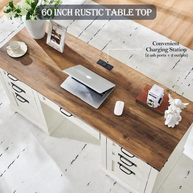 Alt view image 3 of 6 - 60" Farmhouse Executive Desk with Drawers, Wood Home Office Desk w/Charging Station, Keyboard Tray, File Drawer, Storage Cabinet, Rustic Computer Writing Desk (Antique White)