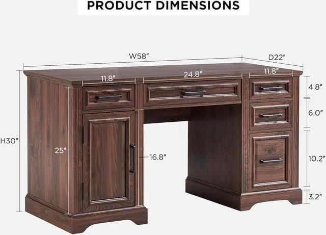 Alt view image 2 of 7 - 58" Executive Desk, Farmhouse Computer Desk with Drawers and Cabinet, Embossed Texture Home Office Desk, Workspace for Work Study Writing, Dark Brown