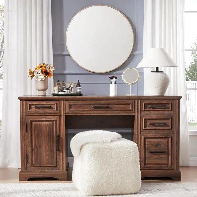 Alt view image 6 of 7 - 58" Executive Desk, Farmhouse Computer Desk with Drawers and Cabinet, Embossed Texture Home Office Desk, Workspace for Work Study Writing, Dark Brown