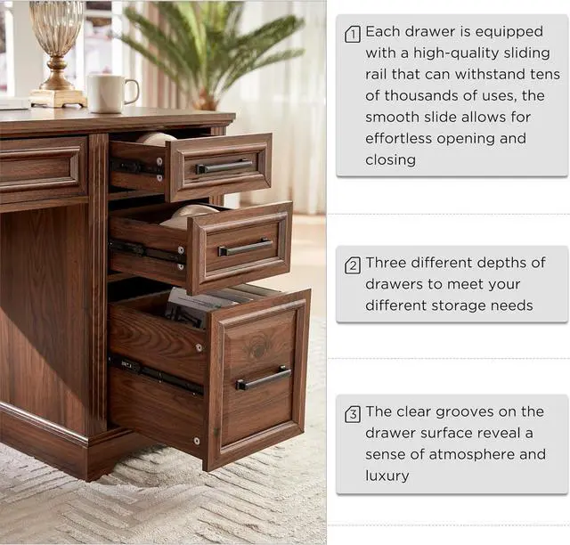 Alt view image 5 of 7 - 58" Executive Desk, Farmhouse Computer Desk with Drawers and Cabinet, Embossed Texture Home Office Desk, Workspace for Work Study Writing, Dark Brown