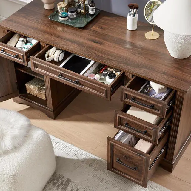 Alt view image 7 of 7 - 58" Executive Desk, Farmhouse Computer Desk with Drawers and Cabinet, Embossed Texture Home Office Desk, Workspace for Work Study Writing, Dark Brown