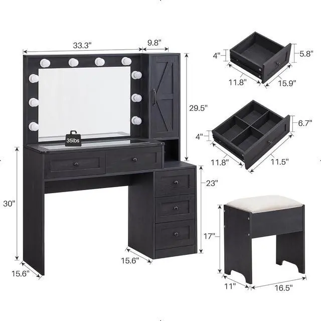 Alt view image 6 of 6 - Farmhouse Vanity Makeup Desk with Charging Station, 43" W Vanity Desk with Lights Mirror and Drawers for Makeup, Big Modern Vanity Table Set with Vanity Stool for Bedroom, Black