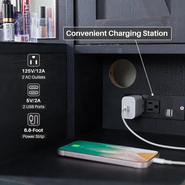 Alt view image 5 of 6 - Farmhouse Vanity Makeup Desk with Charging Station, 43" W Vanity Desk with Lights Mirror and Drawers for Makeup, Big Modern Vanity Table Set with Vanity Stool for Bedroom, Black