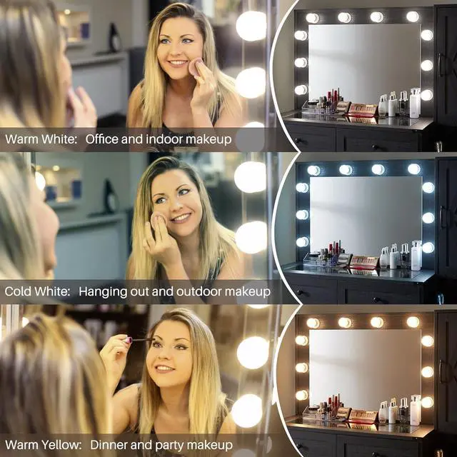 Alt view image 3 of 6 - Farmhouse Vanity Makeup Desk with Charging Station, 43" W Vanity Desk with Lights Mirror and Drawers for Makeup, Big Modern Vanity Table Set with Vanity Stool for Bedroom, Black