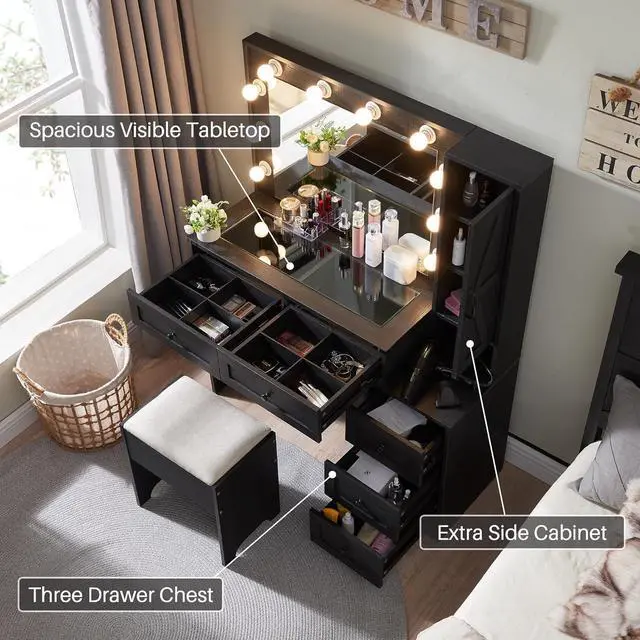 Alt view image 4 of 6 - Farmhouse Vanity Makeup Desk with Charging Station, 43" W Vanity Desk with Lights Mirror and Drawers for Makeup, Big Modern Vanity Table Set with Vanity Stool for Bedroom, Black
