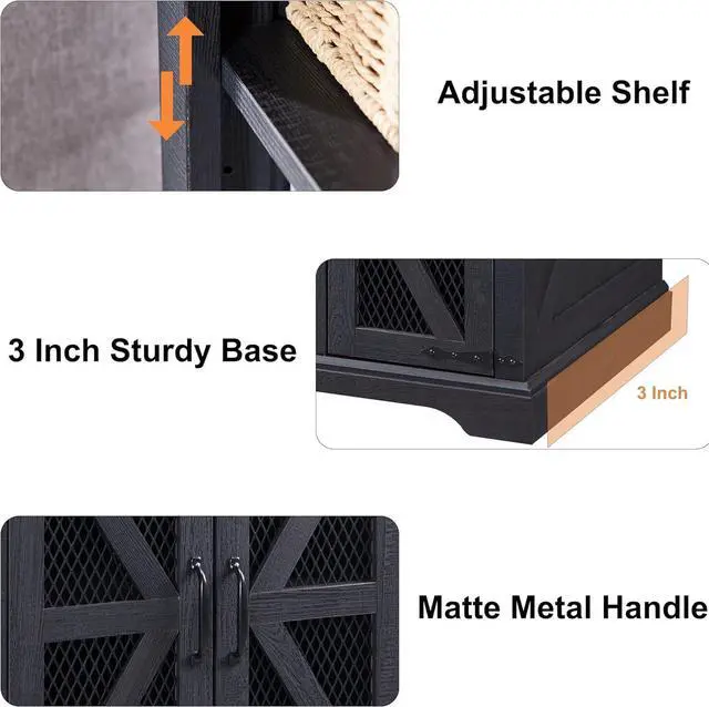 Alt view image 6 of 7 - Farmhouse End Table, 24" Large Sofa Side Table with Charging Station, Mesh Barn Door, and Adjustable Storage Shelf, Rustic Wood Square Nightstand for Living Room, Bedroom, Office, Black