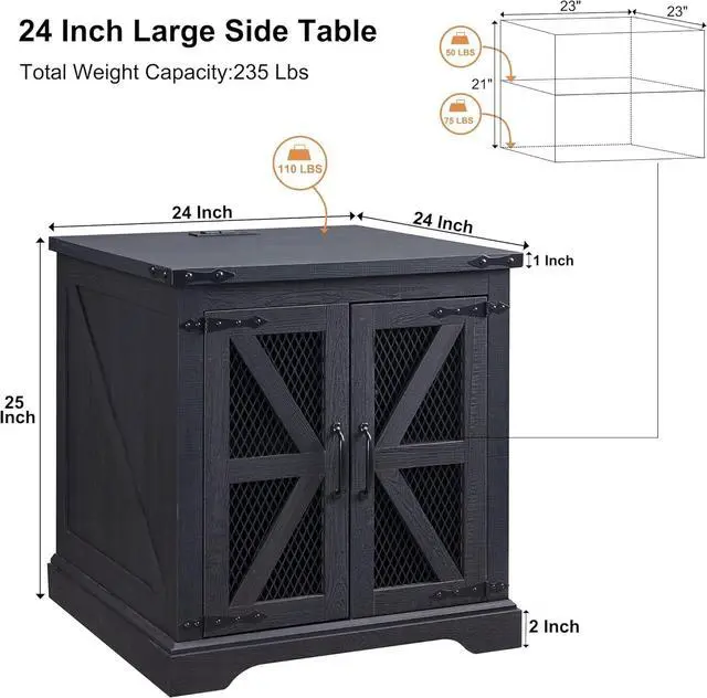 Alt view image 3 of 7 - Farmhouse End Table, 24" Large Sofa Side Table with Charging Station, Mesh Barn Door, and Adjustable Storage Shelf, Rustic Wood Square Nightstand for Living Room, Bedroom, Office, Black