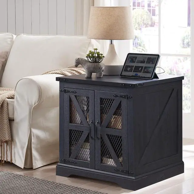 Alt view image 2 of 7 - Farmhouse End Table, 24" Large Sofa Side Table with Charging Station, Mesh Barn Door, and Adjustable Storage Shelf, Rustic Wood Square Nightstand for Living Room, Bedroom, Office, Black