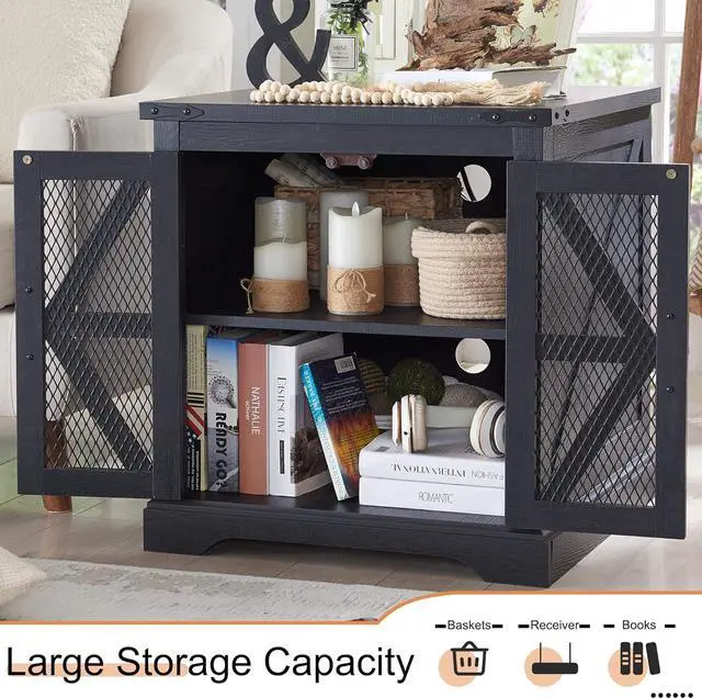 Alt view image 5 of 7 - Farmhouse End Table, 24" Large Sofa Side Table with Charging Station, Mesh Barn Door, and Adjustable Storage Shelf, Rustic Wood Square Nightstand for Living Room, Bedroom, Office, Black