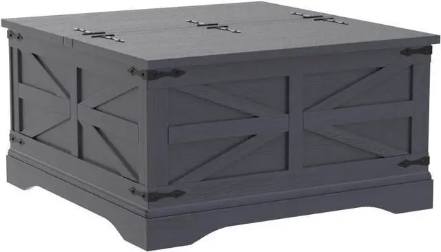 Main image of Farmhouse Coffee Table, Square Wood Center Table with Large Hidden Storage Compartment for Living Room, Rustic Cocktail Table with Hinged Lift Top for Home, Black