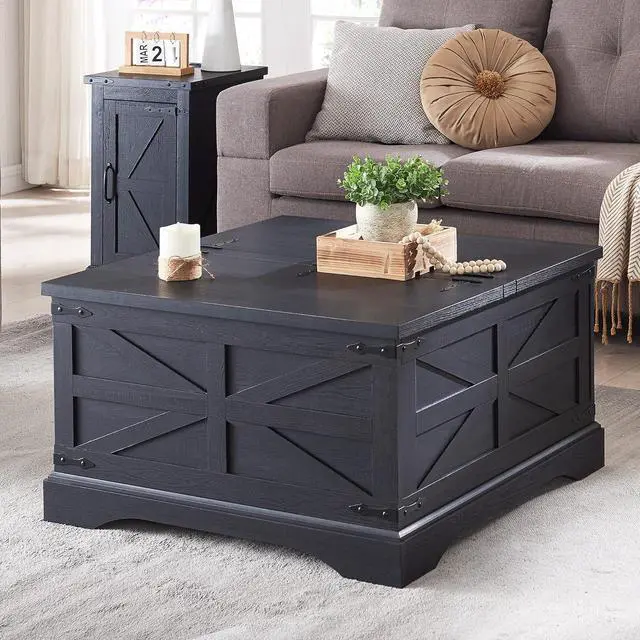 Alt view image 3 of 7 - Farmhouse Coffee Table, Square Wood Center Table with Large Hidden Storage Compartment for Living Room, Rustic Cocktail Table with Hinged Lift Top for Home, Black