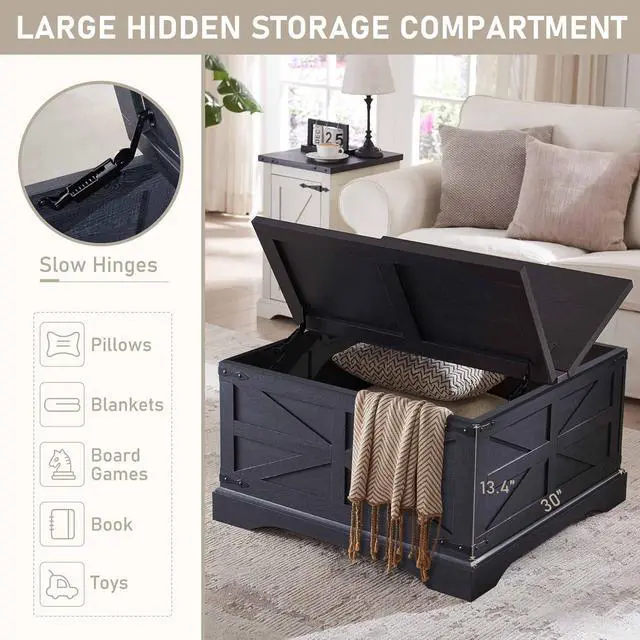 Alt view image 5 of 7 - Farmhouse Coffee Table, Square Wood Center Table with Large Hidden Storage Compartment for Living Room, Rustic Cocktail Table with Hinged Lift Top for Home, Black