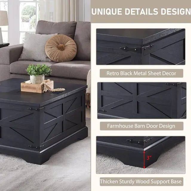 Alt view image 7 of 7 - Farmhouse Coffee Table, Square Wood Center Table with Large Hidden Storage Compartment for Living Room, Rustic Cocktail Table with Hinged Lift Top for Home, Black