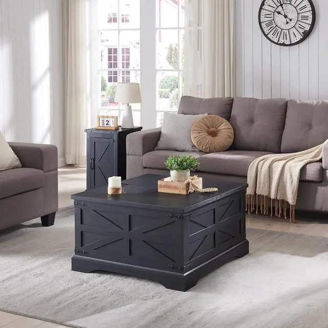 Alt view image 6 of 7 - Farmhouse Coffee Table, Square Wood Center Table with Large Hidden Storage Compartment for Living Room, Rustic Cocktail Table with Hinged Lift Top for Home, Black