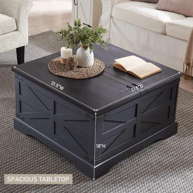 Alt view image 4 of 7 - Farmhouse Coffee Table, Square Wood Center Table with Large Hidden Storage Compartment for Living Room, Rustic Cocktail Table with Hinged Lift Top for Home, Black