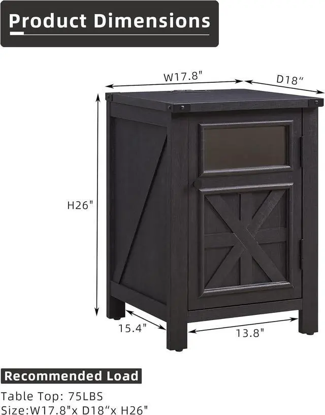 Alt view image 2 of 6 - Farmhouse End Table with Charging Station, 18'' Rustic Nightstand with Barn Door & Adjustable Shelf, Wooden Sofa Side Table with 3-Tier Storage for Living Room, Bedroom, Black