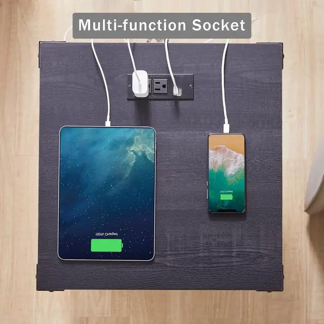 Alt view image 4 of 6 - Farmhouse End Table with Charging Station, 18'' Rustic Nightstand with Barn Door & Adjustable Shelf, Wooden Sofa Side Table with 3-Tier Storage for Living Room, Bedroom, Black