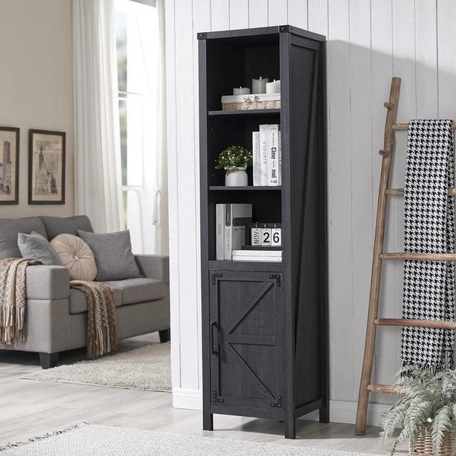 Alt view image 3 of 7 - Narrow Storage Cabinet, 5 Shelf Bookshelf, Bookcace, Pantry Cabinet, Farmhouse Storage Cabinet with Doors and Adjustable Shelves for Living Room, Bedroom, Kitchen (Black)