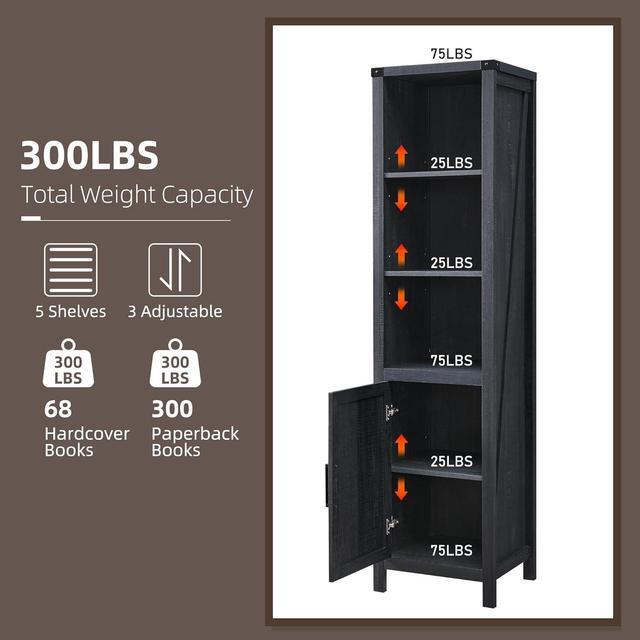 Alt view image 7 of 7 - Narrow Storage Cabinet, 5 Shelf Bookshelf, Bookcace, Pantry Cabinet, Farmhouse Storage Cabinet with Doors and Adjustable Shelves for Living Room, Bedroom, Kitchen (Black)