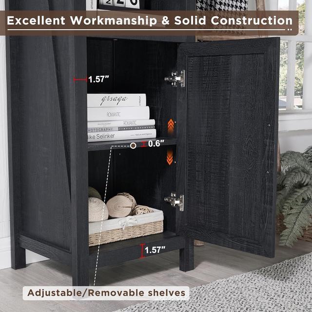 Alt view image 4 of 7 - Narrow Storage Cabinet, 5 Shelf Bookshelf, Bookcace, Pantry Cabinet, Farmhouse Storage Cabinet with Doors and Adjustable Shelves for Living Room, Bedroom, Kitchen (Black)