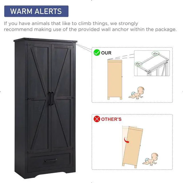Alt view image 6 of 7 - 72" Tall Farmhouse Kitchen Pantry with Adjustable Shelves, Wood Storage Cabinet with Drawer & 2 Barn Doors, Versatile Storage for Dining Room, Bathroom, Living Room, Black