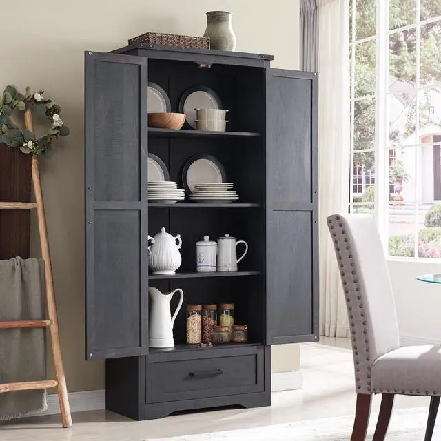 Alt view image 3 of 7 - 72" Tall Farmhouse Kitchen Pantry with Adjustable Shelves, Wood Storage Cabinet with Drawer & 2 Barn Doors, Versatile Storage for Dining Room, Bathroom, Living Room, Black