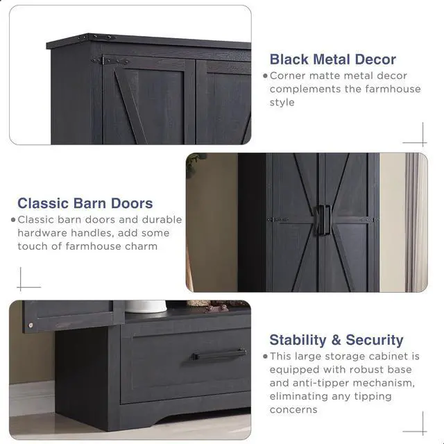 Alt view image 5 of 7 - 72" Tall Farmhouse Kitchen Pantry with Adjustable Shelves, Wood Storage Cabinet with Drawer & 2 Barn Doors, Versatile Storage for Dining Room, Bathroom, Living Room, Black