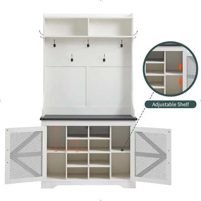 Alt view image 6 of 7 - Farmhouse Entryway Bench with Coat Rack, 12 Shoe Cubbies & 7 Coat Hooks Hall Tree with Shoe Storage Bench, Mudroom Storage Cabinet (White)