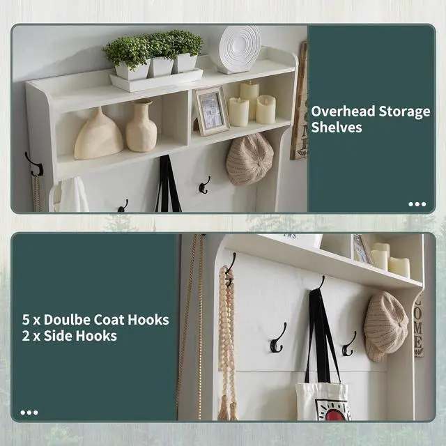 Alt view image 3 of 7 - Farmhouse Entryway Bench with Coat Rack, 12 Shoe Cubbies & 7 Coat Hooks Hall Tree with Shoe Storage Bench, Mudroom Storage Cabinet (White)
