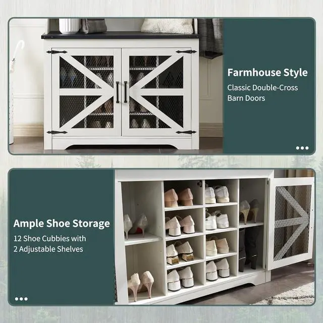 Alt view image 4 of 7 - Farmhouse Entryway Bench with Coat Rack, 12 Shoe Cubbies & 7 Coat Hooks Hall Tree with Shoe Storage Bench, Mudroom Storage Cabinet (White)