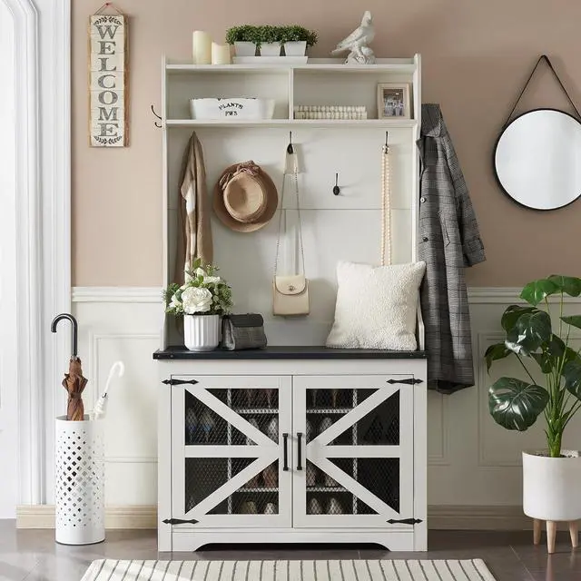 Alt view image 2 of 7 - Farmhouse Entryway Bench with Coat Rack, 12 Shoe Cubbies & 7 Coat Hooks Hall Tree with Shoe Storage Bench, Mudroom Storage Cabinet (White)