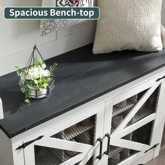 Alt view image 5 of 7 - Farmhouse Entryway Bench with Coat Rack, 12 Shoe Cubbies & 7 Coat Hooks Hall Tree with Shoe Storage Bench, Mudroom Storage Cabinet (White)