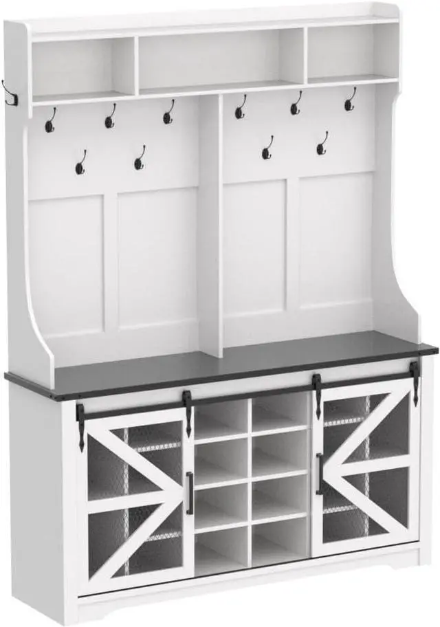 Alt view image 4 of 7 - Farmhouse Entryway Bench with Coat Rack, 20 Shoe Cubbies & 12 Coat Hooks Wide Hall Tree with Shoe Storage Bench, Mudroom Storage Cabinet (White)
