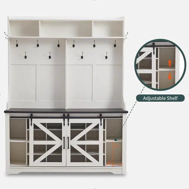 Alt view image 6 of 7 - Farmhouse Entryway Bench with Coat Rack, 20 Shoe Cubbies & 12 Coat Hooks Wide Hall Tree with Shoe Storage Bench, Mudroom Storage Cabinet (White)